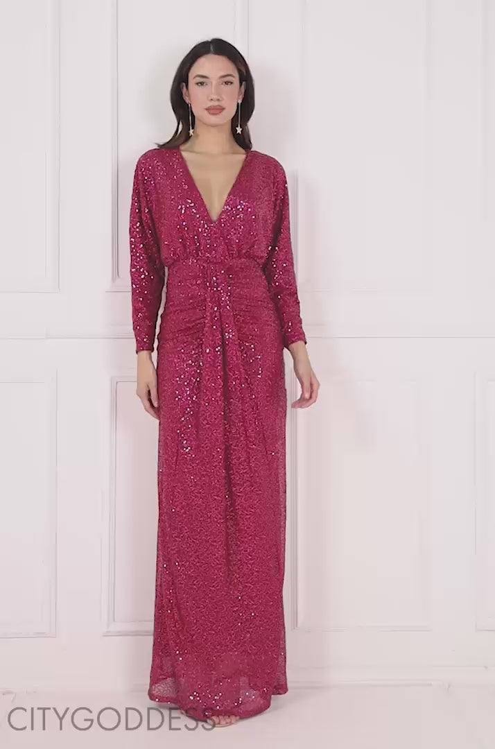 Dual Tone Patterned Sequin Plunge Neck Maxi Dress DR3833