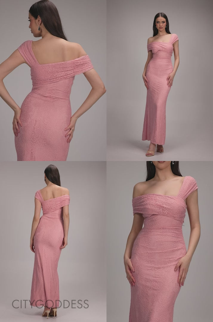 ONE SHOULDER PLEATED BARDOT LACE MAXI DRESS BY GODDIVA DR4956