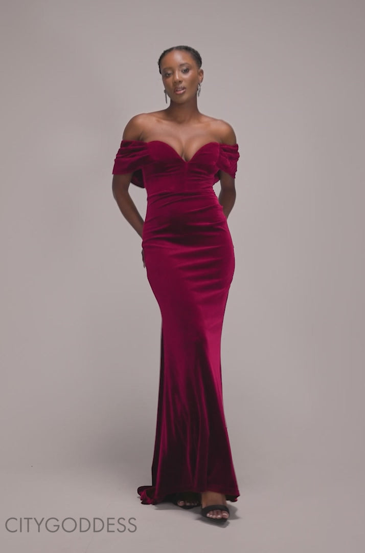 OFF THE SHOULDER DEEP PLUNGE VELVET MAXI DRESS DR4692