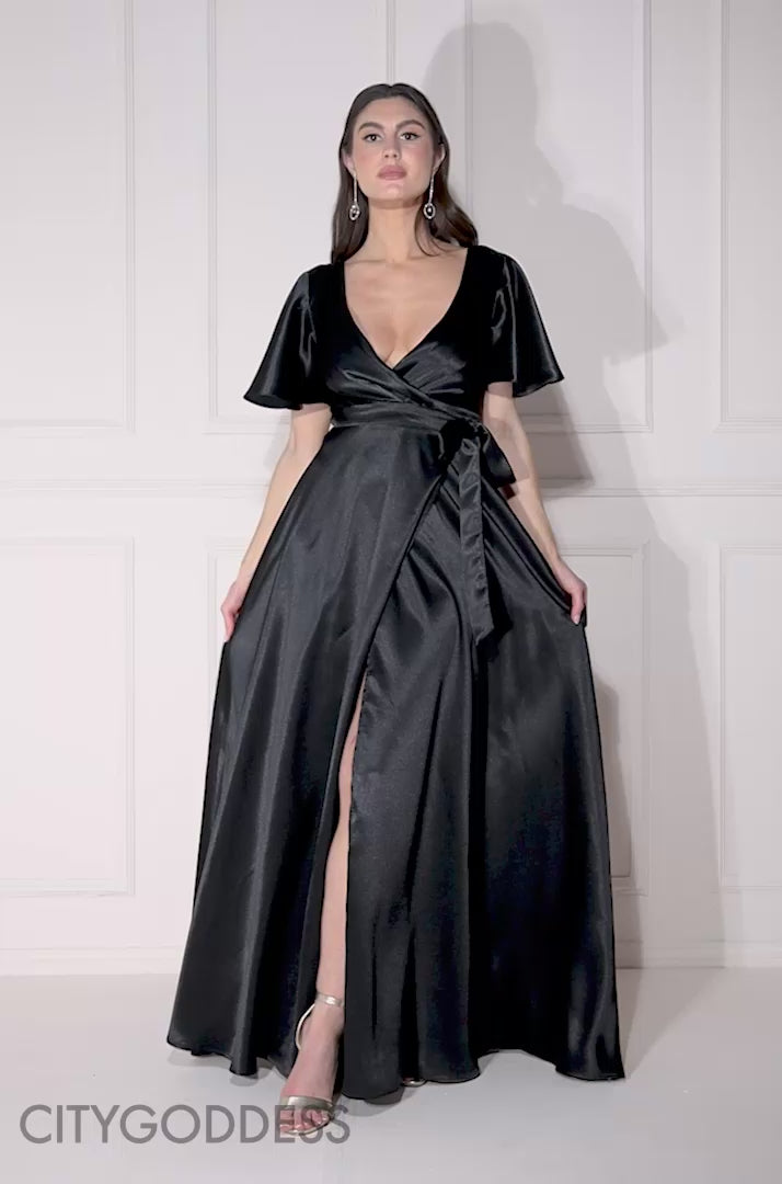 Flutter Sleeve Wrapover Satin Maxi Dress DR3955