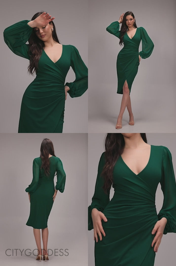 Scuba & Chiffon Balloon Sleeve Wrap Midi Dress DR4933