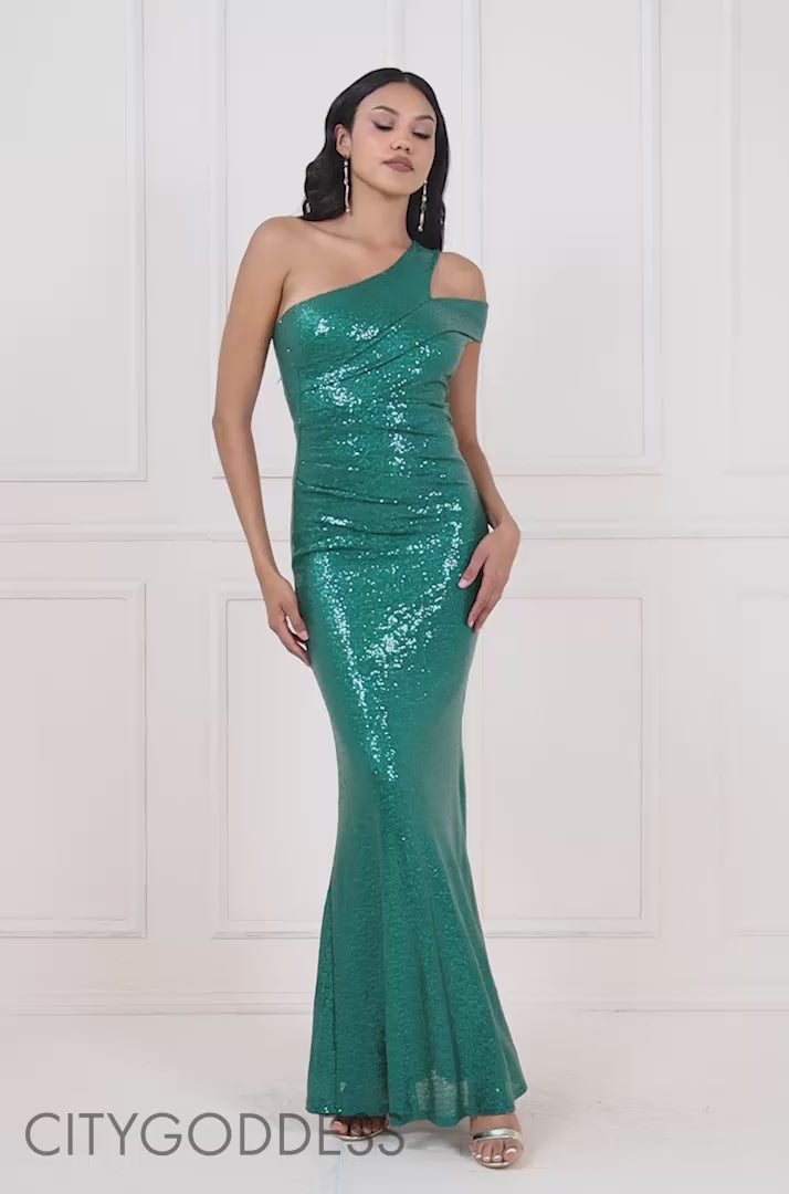 One Shoulder Sequin Evening Maxi Dress DR4069