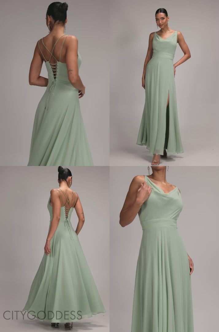 CHIFFON COWL TWISTED ROPE STRAP LACE-UP FLARED MAXI DRESS DR4937