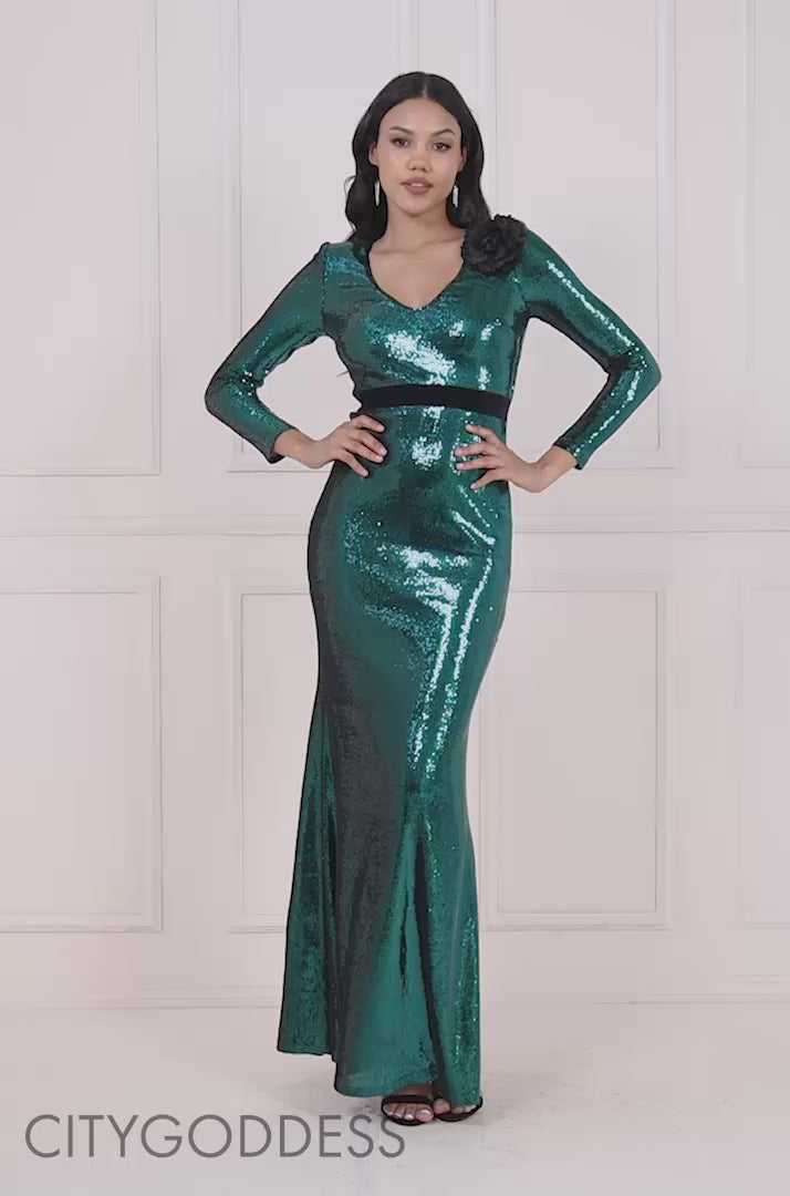 Liquid Sequin Corsage Maxi Dress DR4056