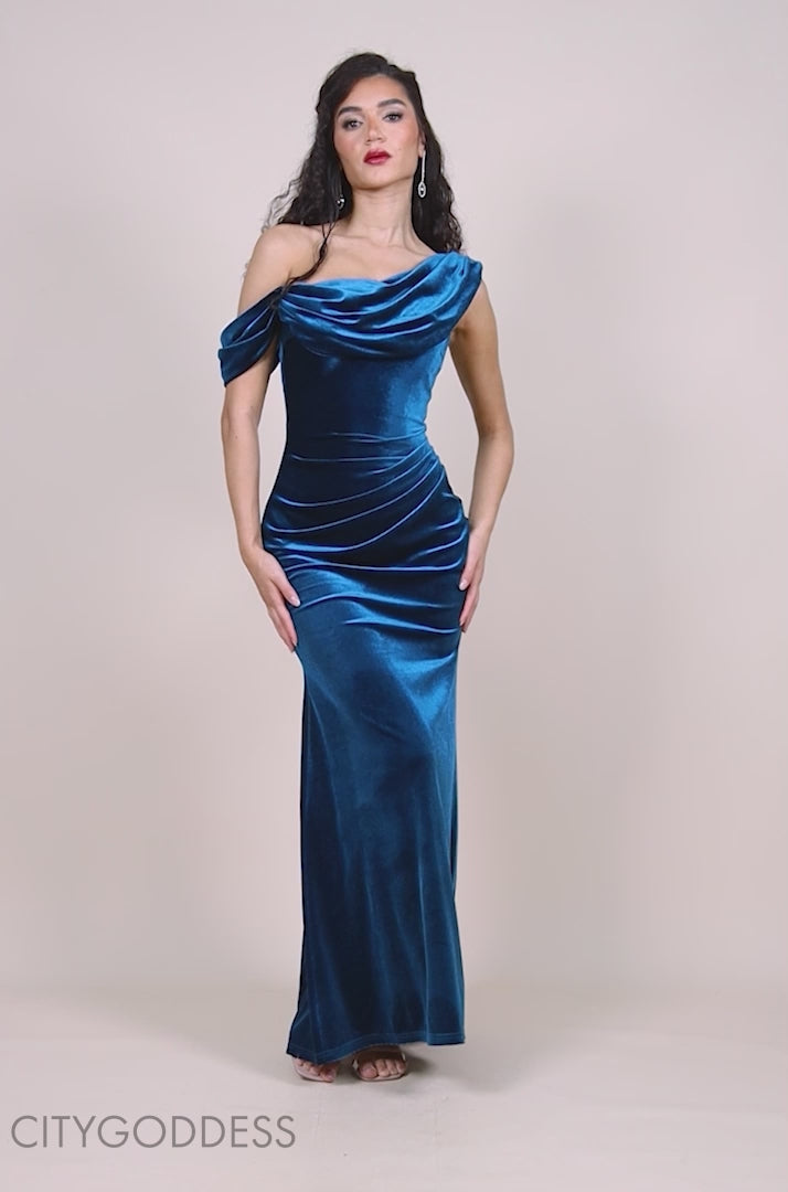 Cowl One Shoulder Velvet Maxi Dress DR4504