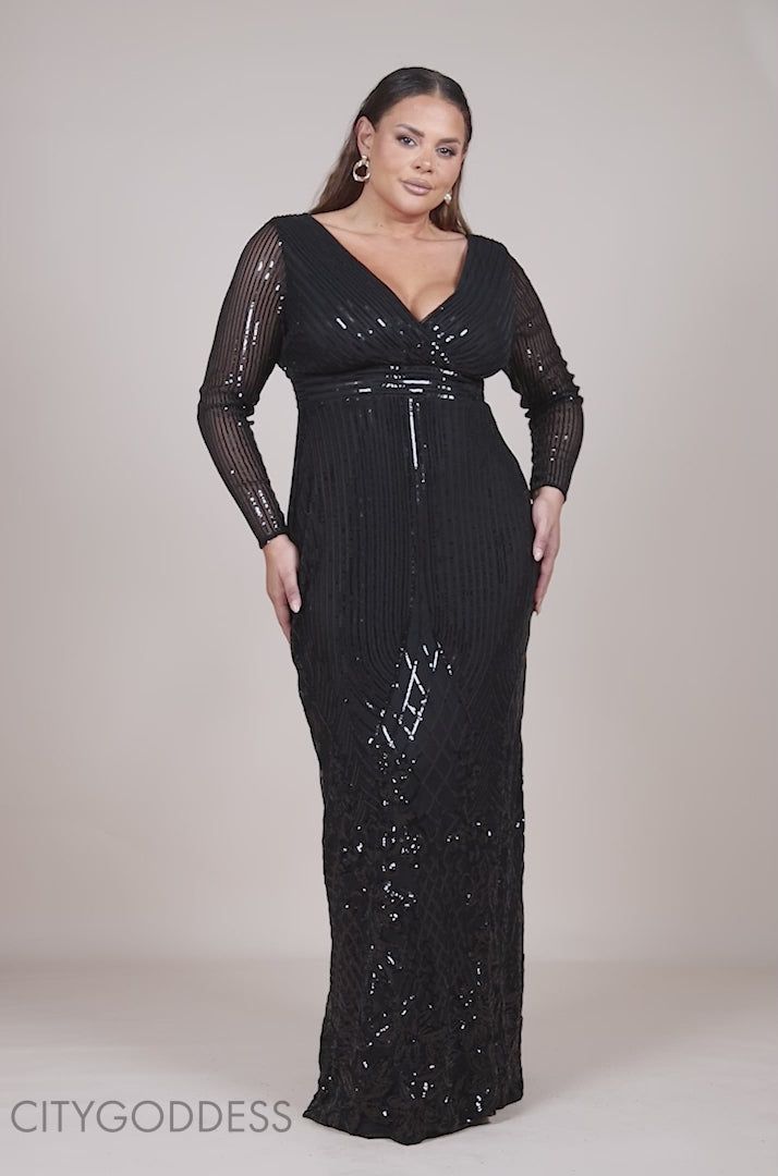 Long Sleeve Sequin V Wrap Maxi Dress DR3485PLUS