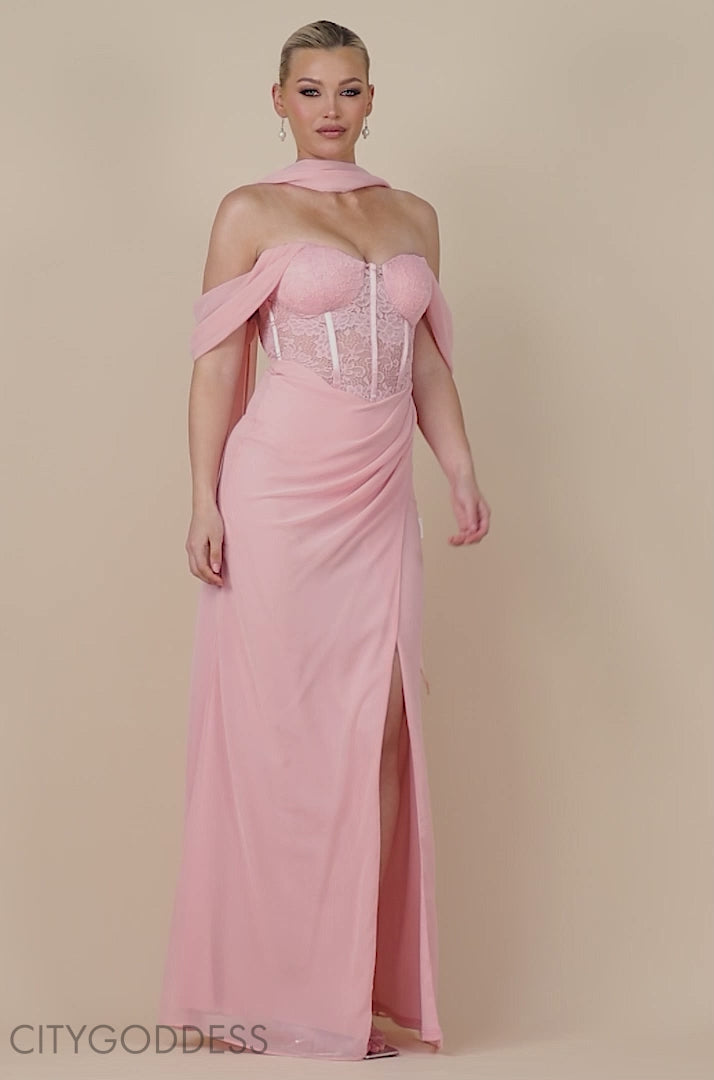 Scalloped Lace & Chiffon Winged Corset Bodice Maxi Dress DR4397