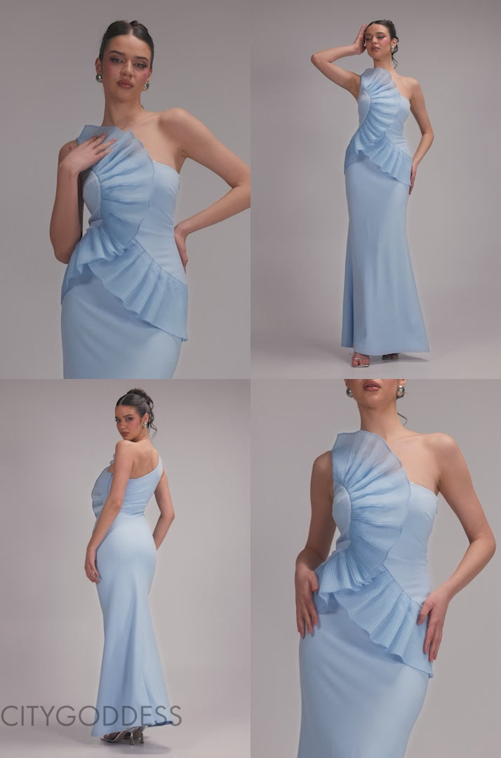 One Shoulder Pleated Fan Maxi Dress DR4075