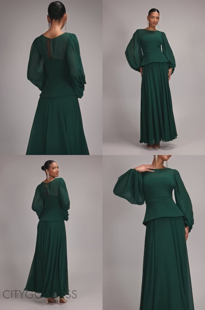 Bishop Sleeve Peplum Top Scuba Crepe And Chiffon Maxi Dress DR4916