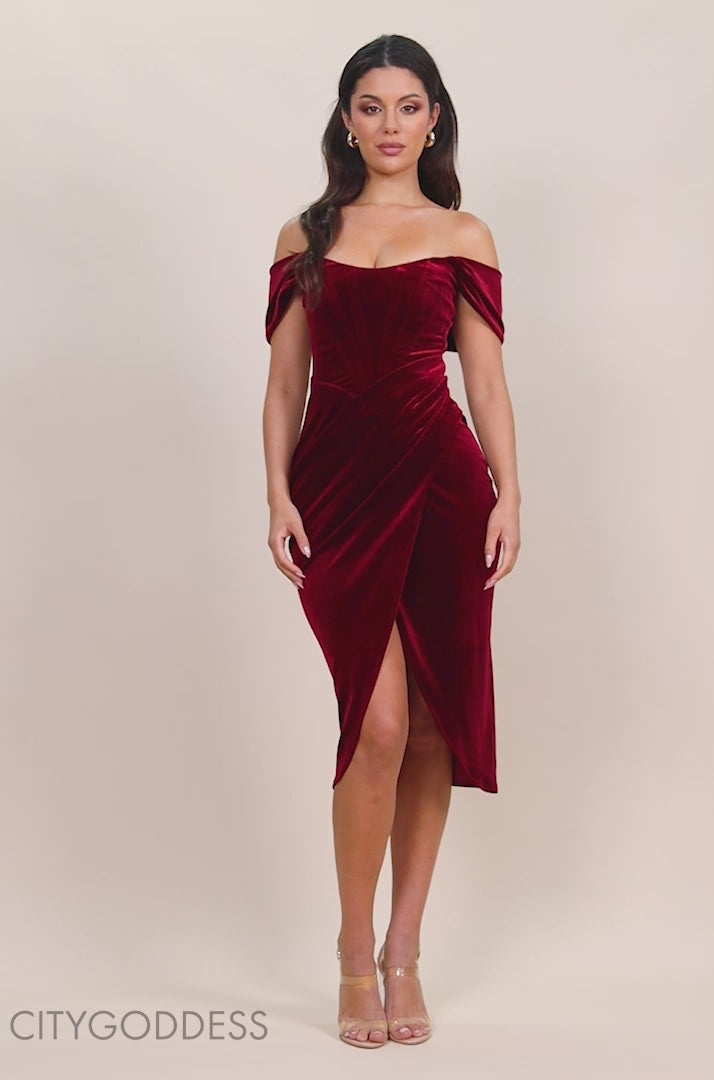 Draped Shoulder Velvet Corset Midi Dress DR4066
