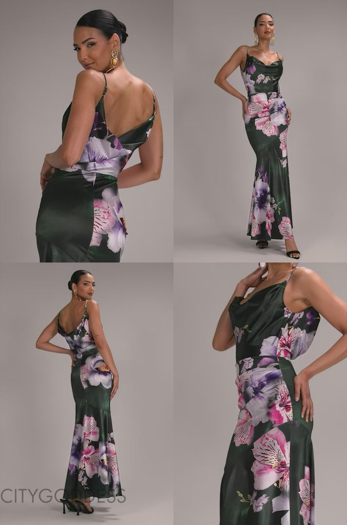 FLORAL PRINT SATIN COWL NECK MAXI DRESS DR5191