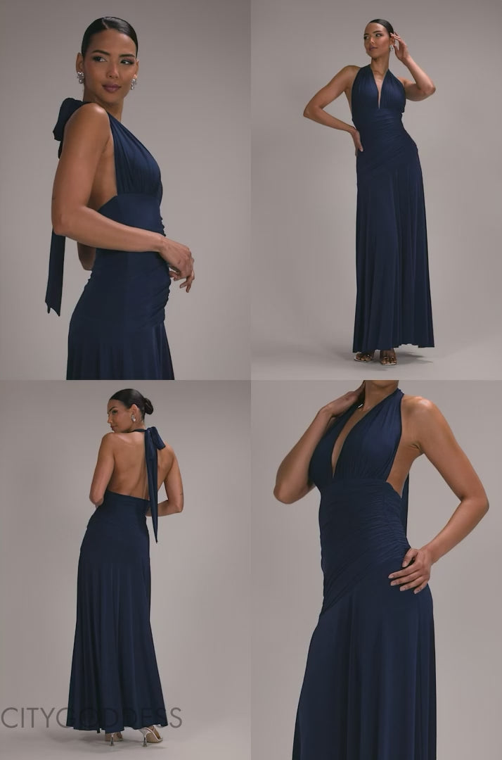 FLORAL HALTER NECK EMPIRE WAIST GATHERED MAXI DRESS BY GODDIVA DR5259