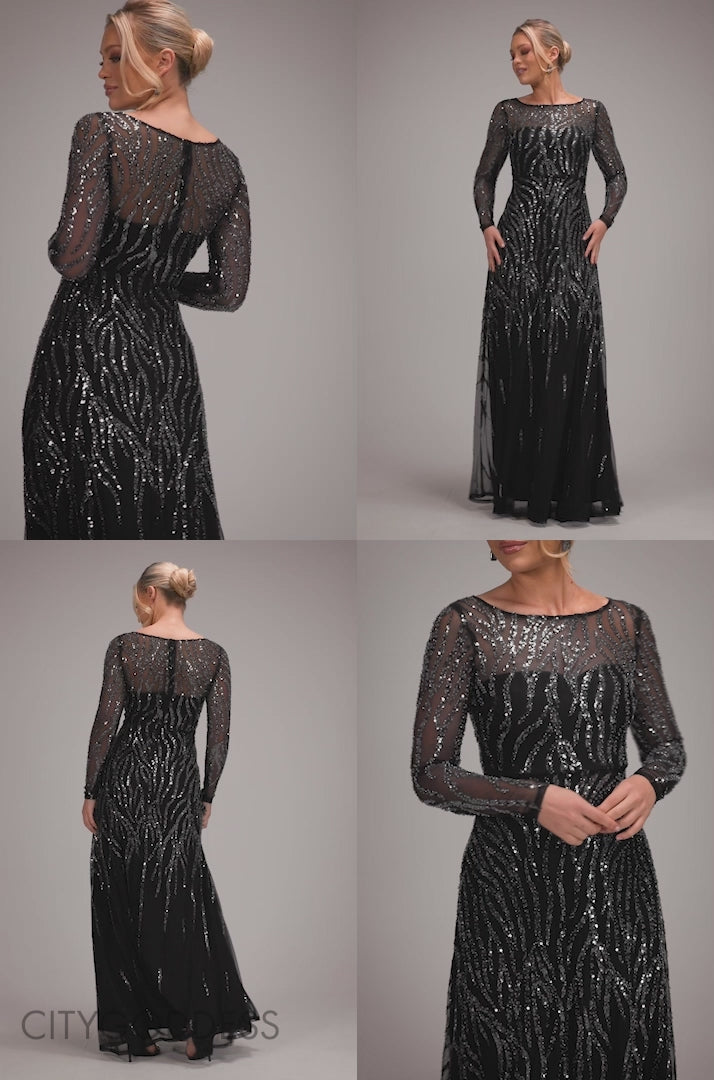 OMBRE SEQUIN BEADED FLARED LONG SLEEVE MAXI DRESS  BY GODDIVA DR4782