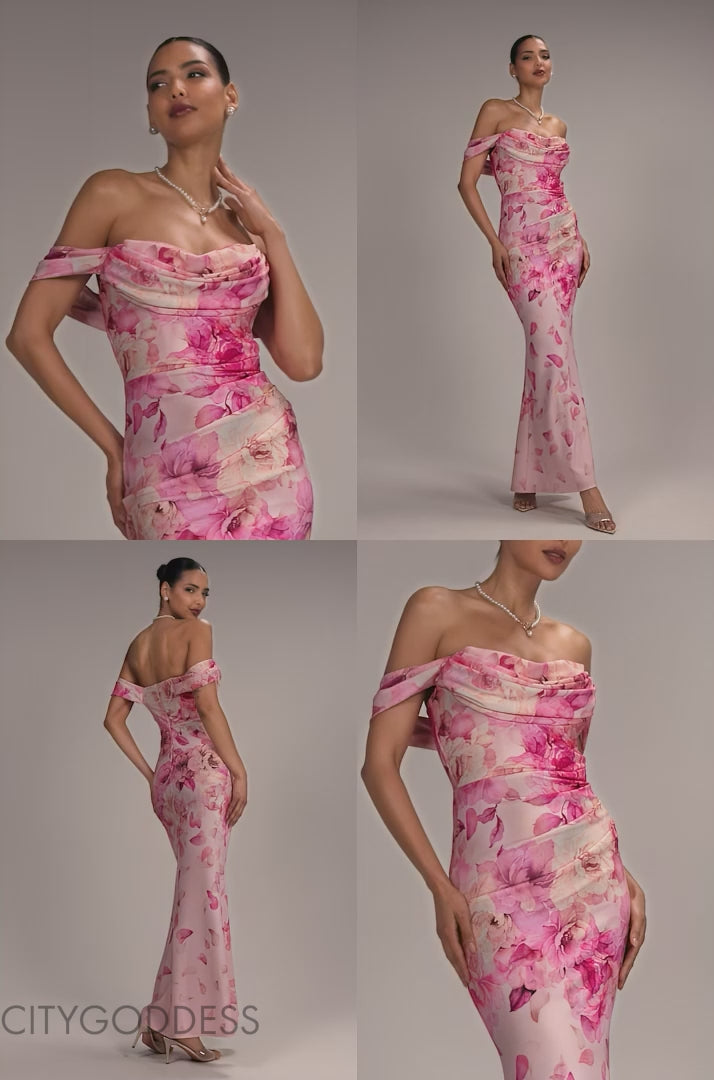 PRINTED COWL NECK PLEATED WAIST MAXI DRESS BY GODDIVA DR5186