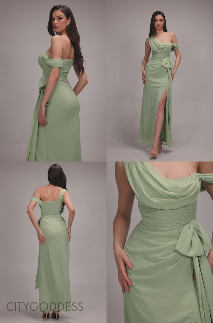 One Shoulder Cowl With Bow Detail Maxi Dress DR4606