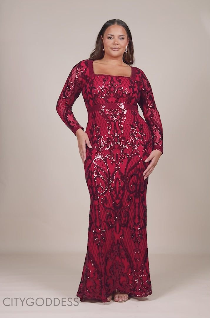Sequin Square Neck Maxi With Scallop Hem DR4038PLUS