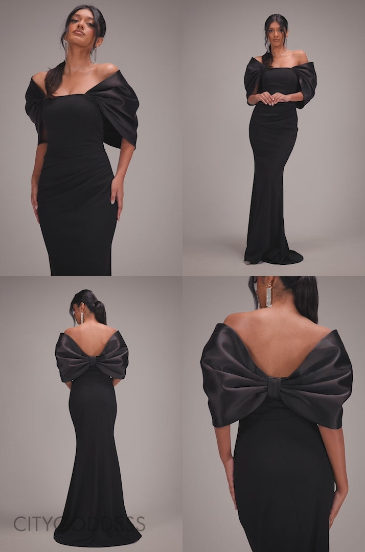 Off Shoulder Back Satin Bow Scuba Maxi Dress DR4708