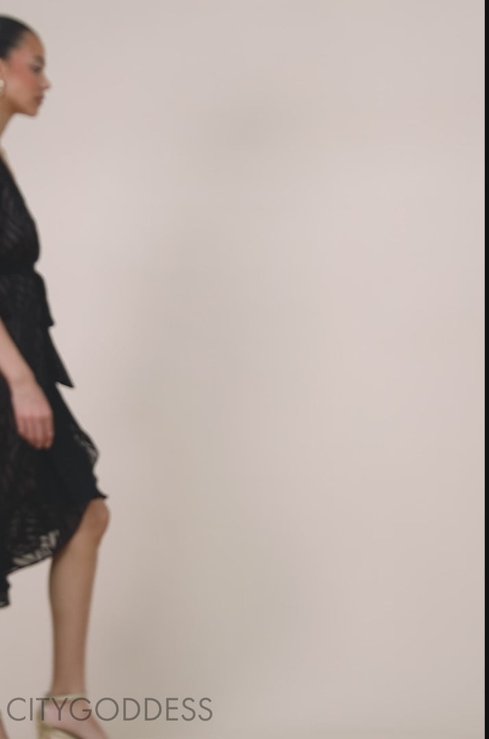 Chiffon Geo-Wave Front Frill Wrap Midi Dress DR4411
