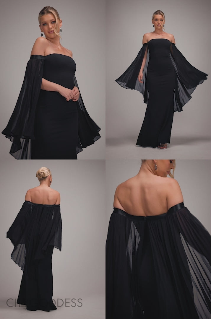 STRAPLESS MAXI DRESS WITH PLEATED CHIFFON CAPE DR4832