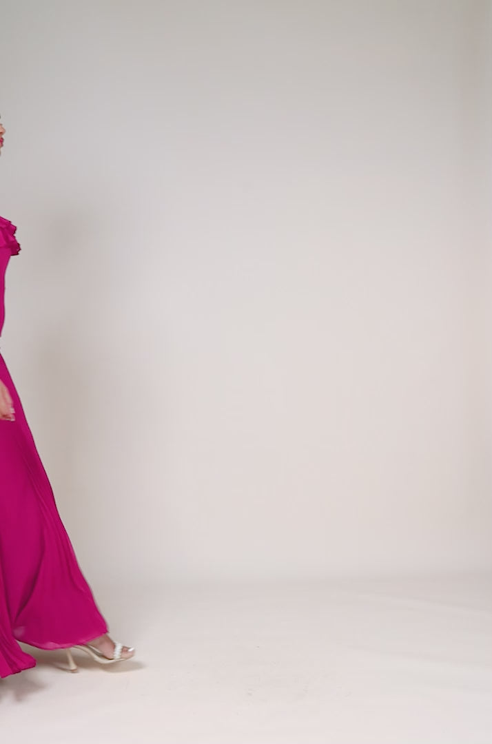 Frilled Off The Shoulder Pleated Chiffon Maxi Dress DR4273