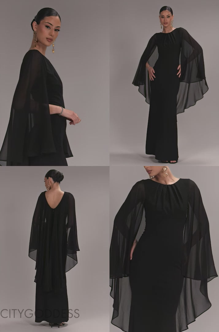 CAPE SLEEVE CHIFFON AND SCUBA CREPE MAXI DRESS BY GODDIVA - DR4900 DR4900