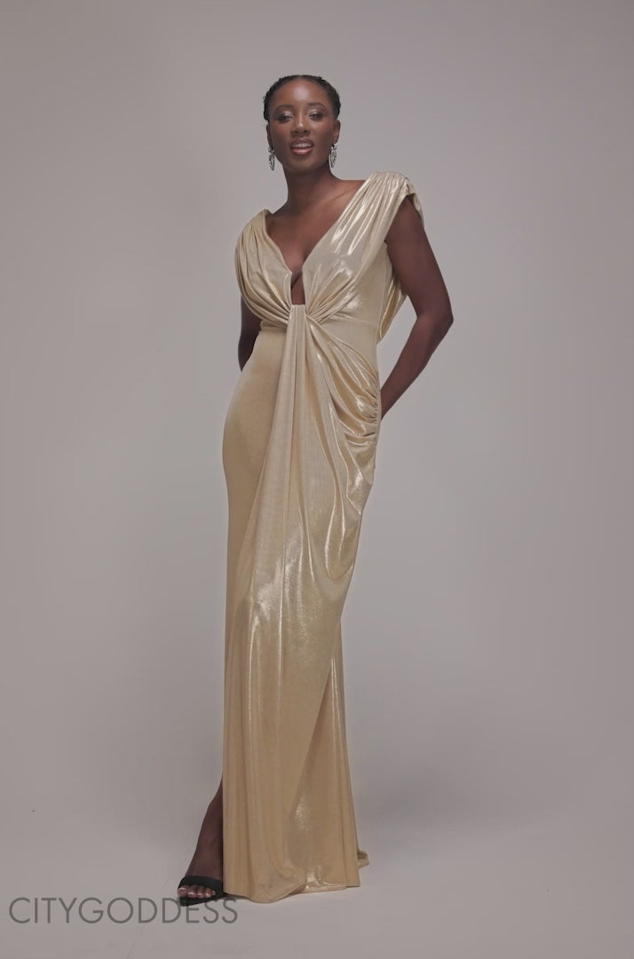 Cowl Plunge Draped Foil Maxi Dress DR4925