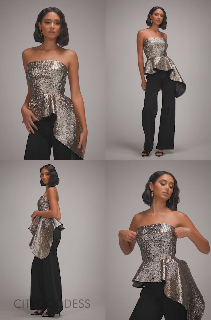 Boob Tube Jacquard Top With Asymmetric Peplum Frill T251