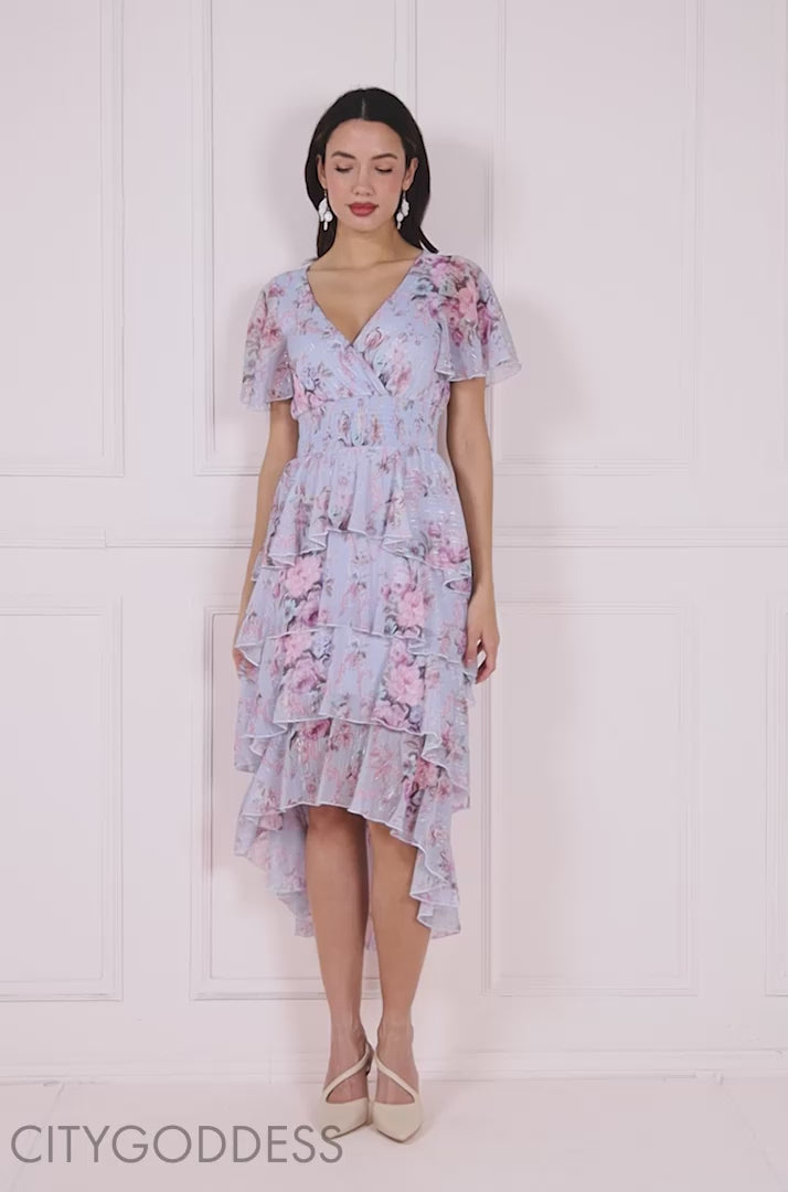 Printed Chiffon Lurex High And Low Dress DR3906QZ