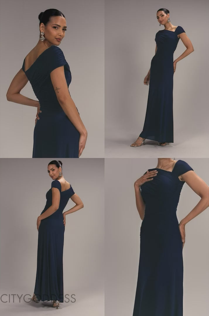 ASYMMETRIC NECK GATHERED WAIST MAXI DRESS BY GODDIVA DR5096