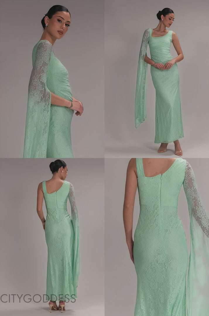 ONE SHOULDER CAPE SLEEVE PLEATED LACE MAXI DRESS BY GODDIVA DR5065