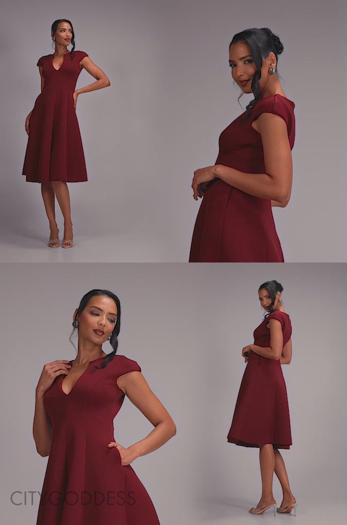 Cap Sleeve Plunging V-Neckline A-line Midi Dress DR4540