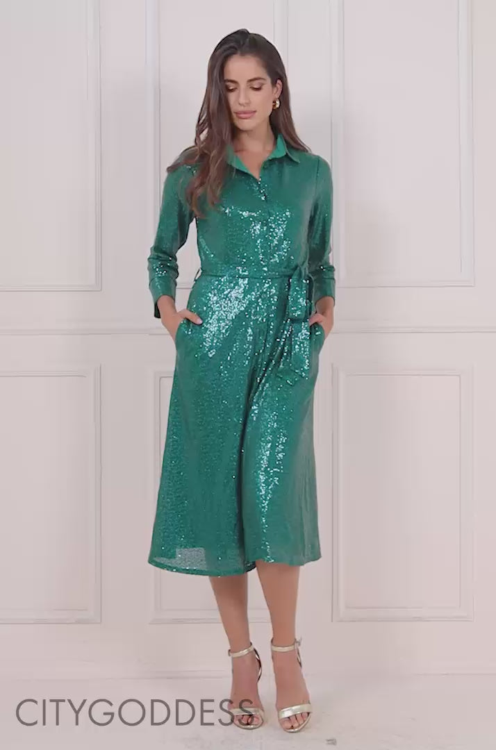 SEQUIN SHIRT DRESS WITH TIE BELT DR4061