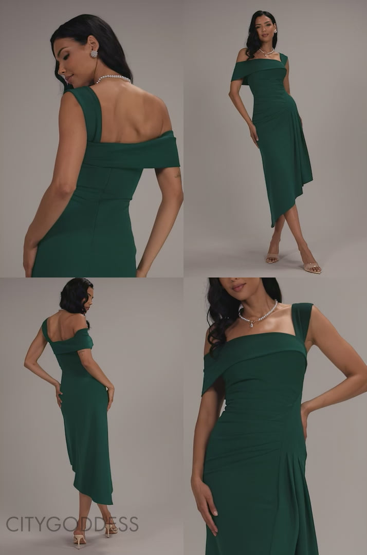 OFF SHOULDER PLEATED WAIST ASYMMETRIC MIDAXI DRESS DR5137