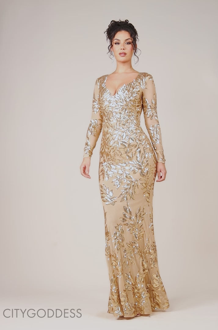Long Sleeve Sequin Leaf Long Sleeve Maxi Dress DR4359