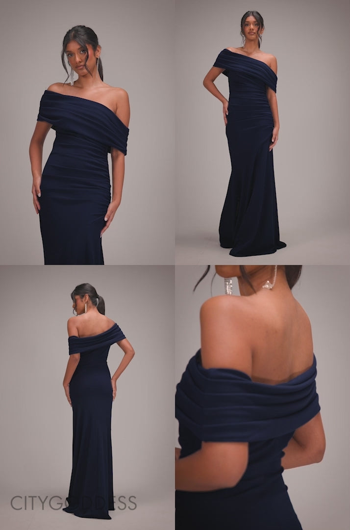 One Shoulder Pleated Bardot Fit And Flare Maxi Dress DR4909
