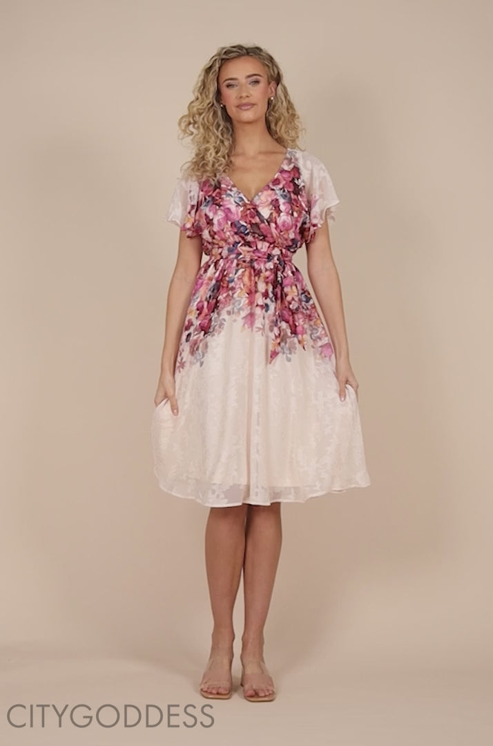 Floral Flutter Sleeve Wrap Midi Dress DR4548