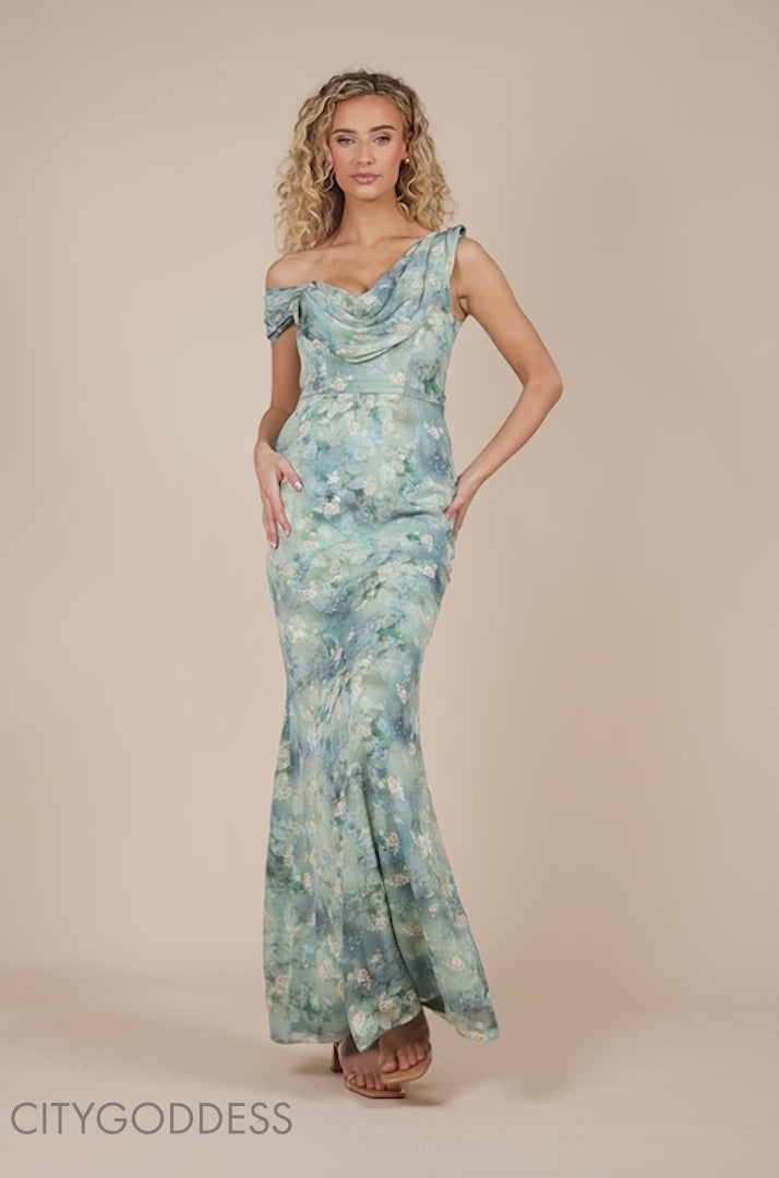 One Shoulder Cowl Neck Chiffon Floral Maxi Dress DR4555