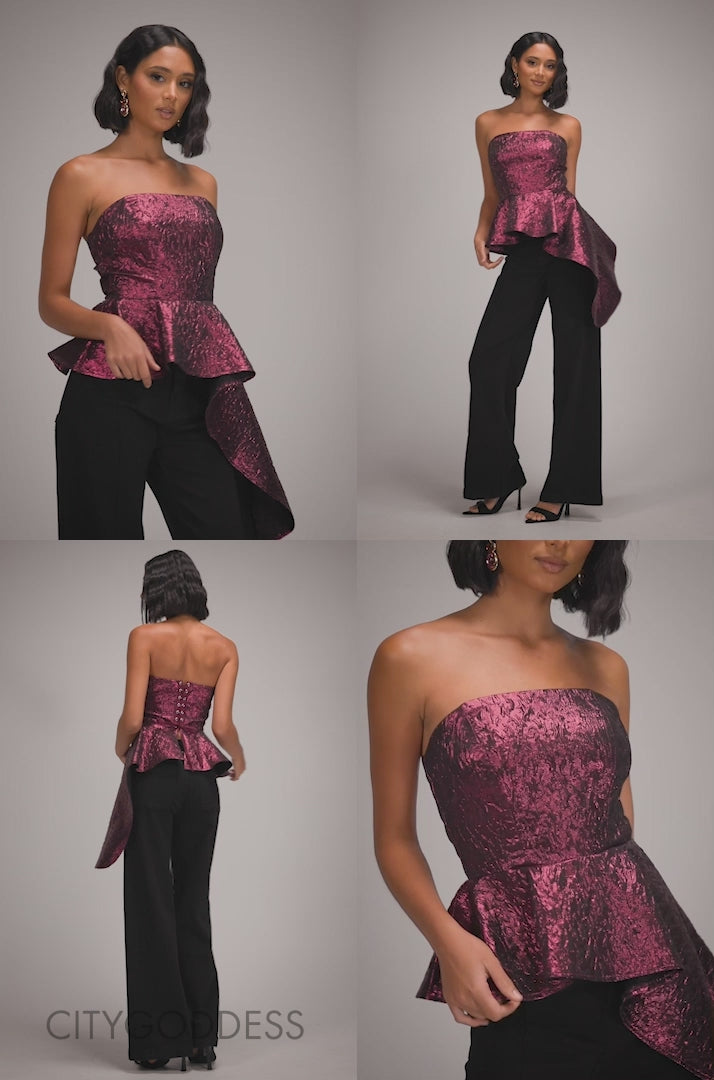 Boob Tube Jacquard Top With Asymmetric Peplum Frill T251
