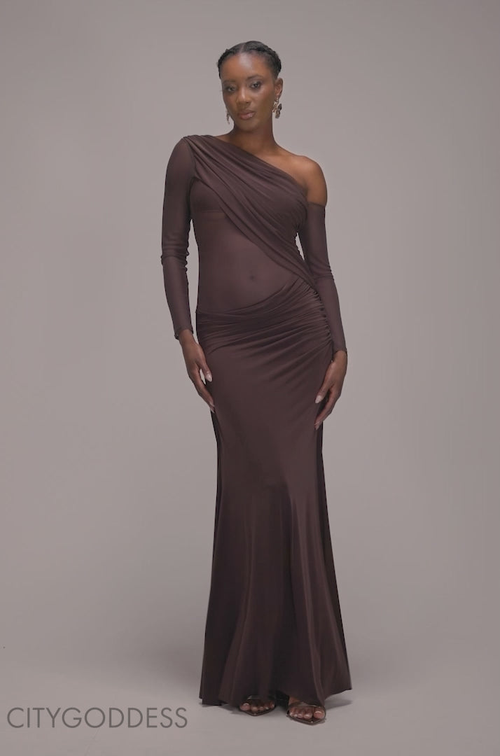 Gathered Cowl Asymmetric Mesh And Soft Touch Maxi Dress DR4800