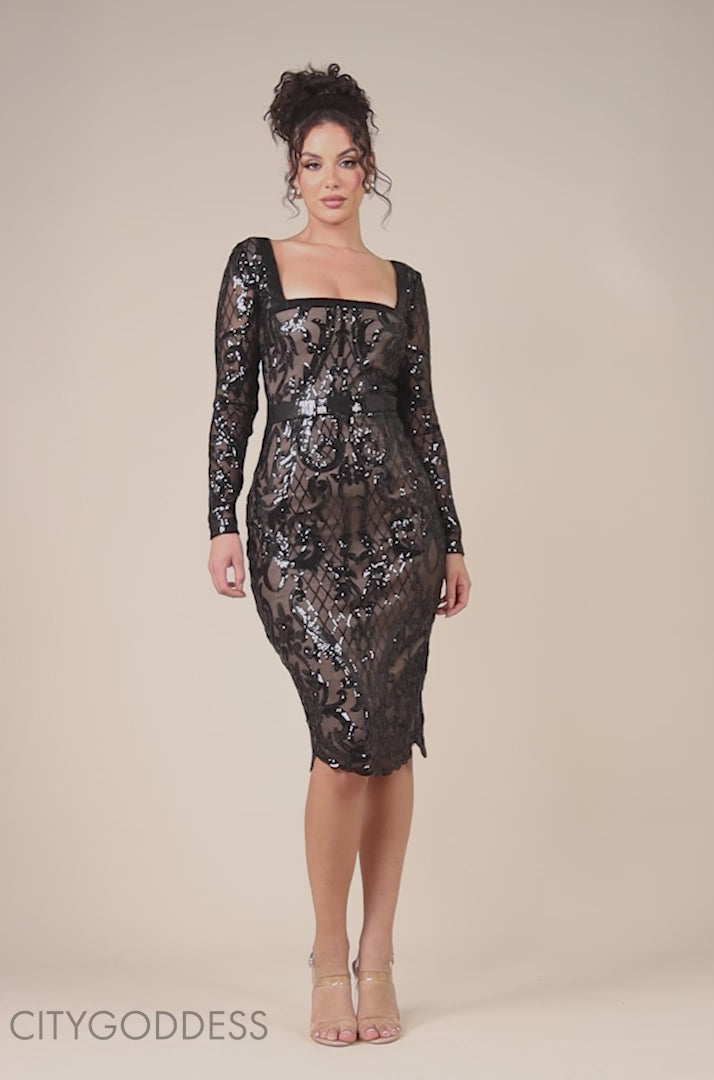 Sequin Square Neck Bodycon Midi Dress With Scalloped Hem DR4123