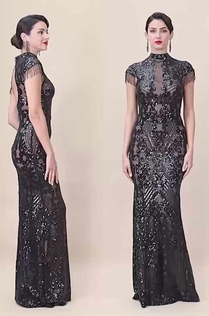 Ornate Sequin Collared Maxi Dress With Beaded Fringe Cap Sleeve DR3591