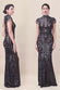 Ornate Sequin Collared Maxi Dress With Beaded Fringe Cap Sleeve DR3591