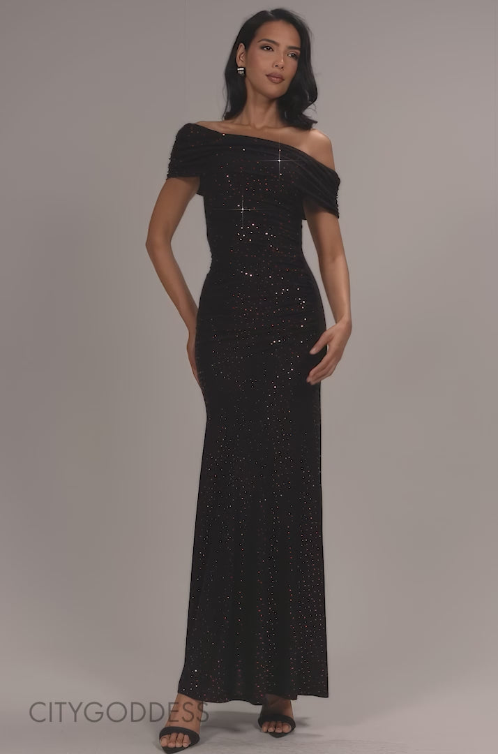 ONE SHOULDER FIT AND FLARE SEQUIN MAXI DRESS - BLACK RED BY GODDIVA DR5324