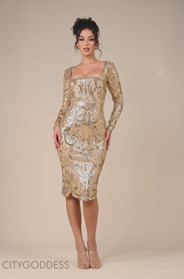 Sequin Square Neck Bodycon Midi Dress With Scalloped Hem DR4123