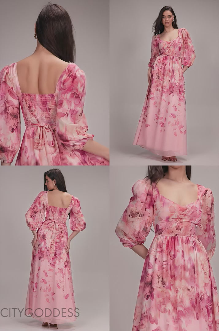 FLORAL PRINT SHIRRED BACK A LINE MAXI DRESS BY GODDIVA DR5132