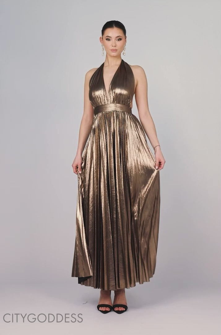 Sunrise Foil Halterneck A-Line Maxi Dress DR4697