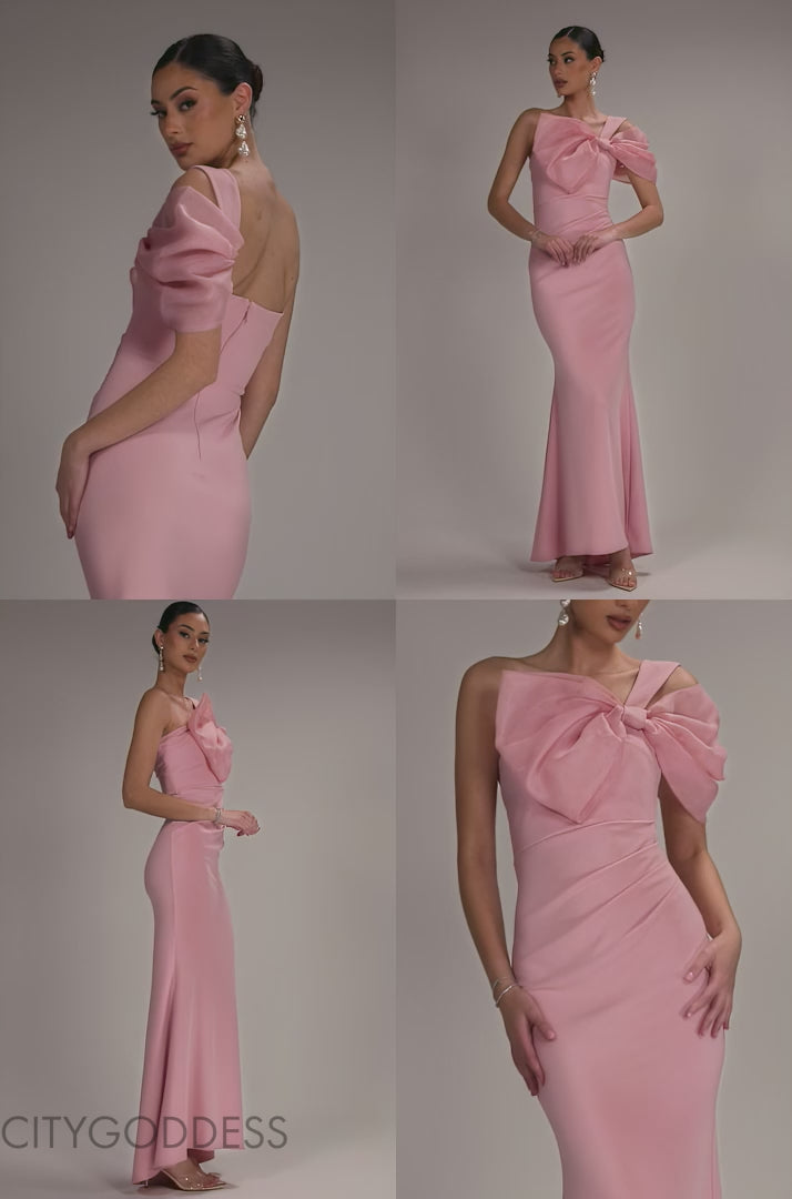 Organza Bow One Shoulder Scuba Crepe Maxi Dress DR4812