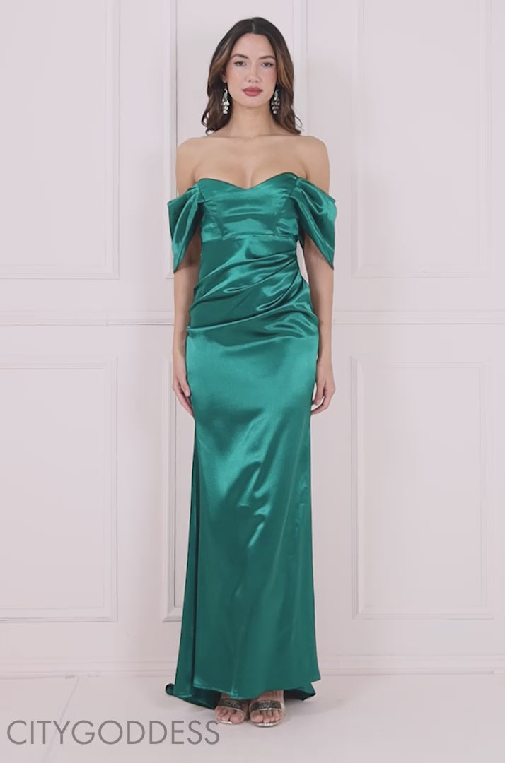Off Shoulder Satin Maxi Dress With V Neck Dress DR3923