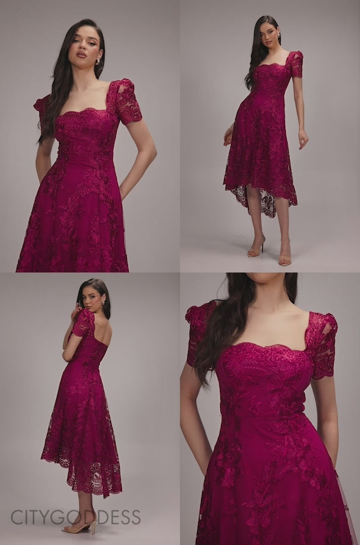 Scalloped Neck Embroidered Lace High Low Midi Dress DR4265