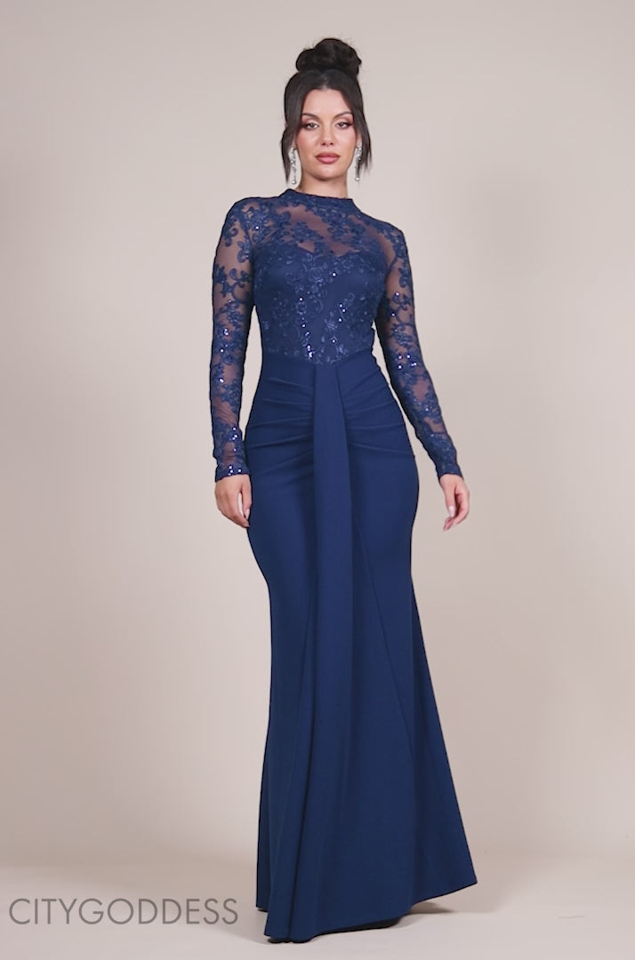 Sequin & Mesh Bodice Scuba Maxi Dress DR4391
